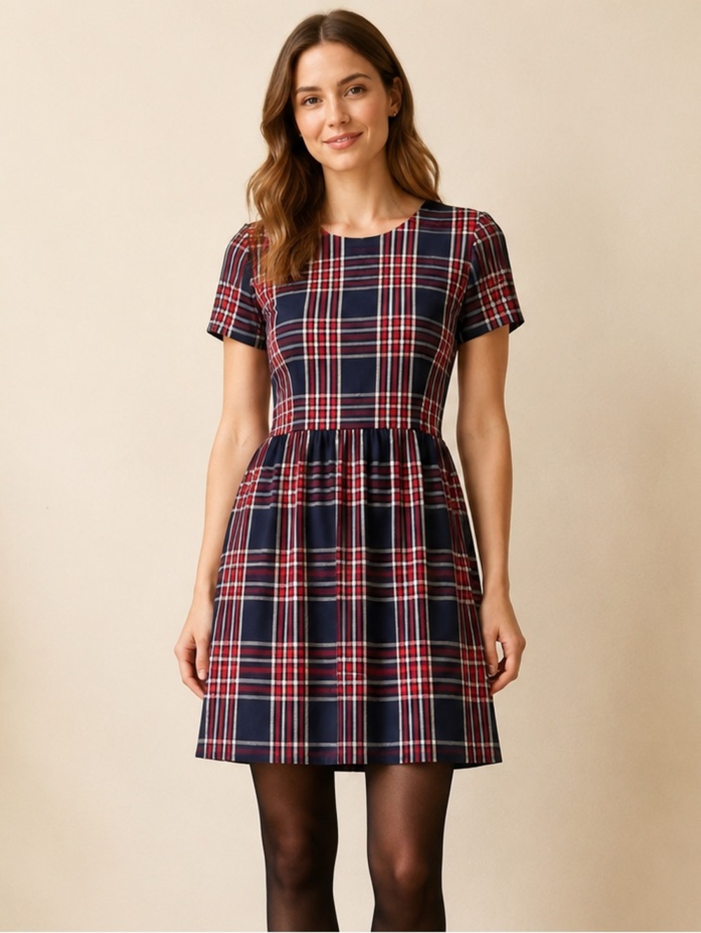 Brooks Brothers Navy and Red Plaid Cotton Blend Fit-and-Flare Dress